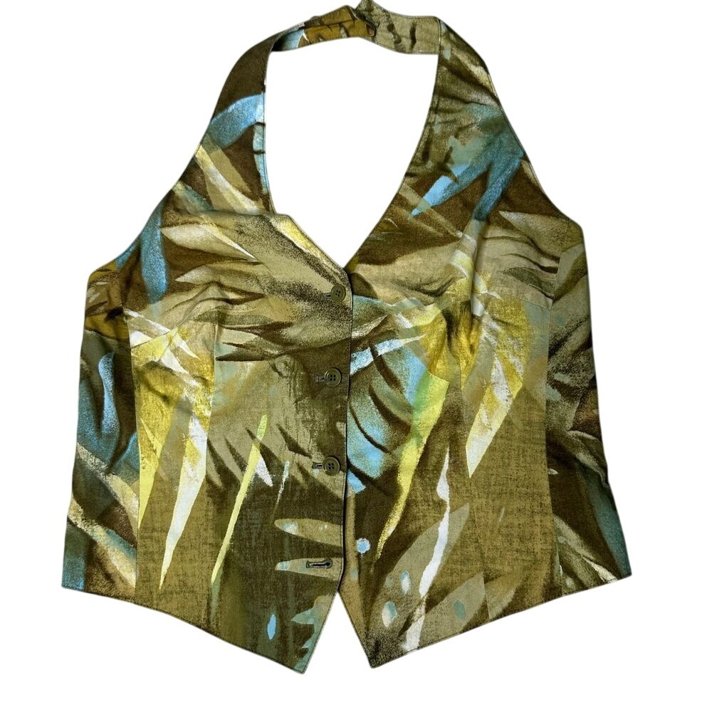 Marc Aurel y2k boho womens cotton button down neutral leaf halter vest size 38 M